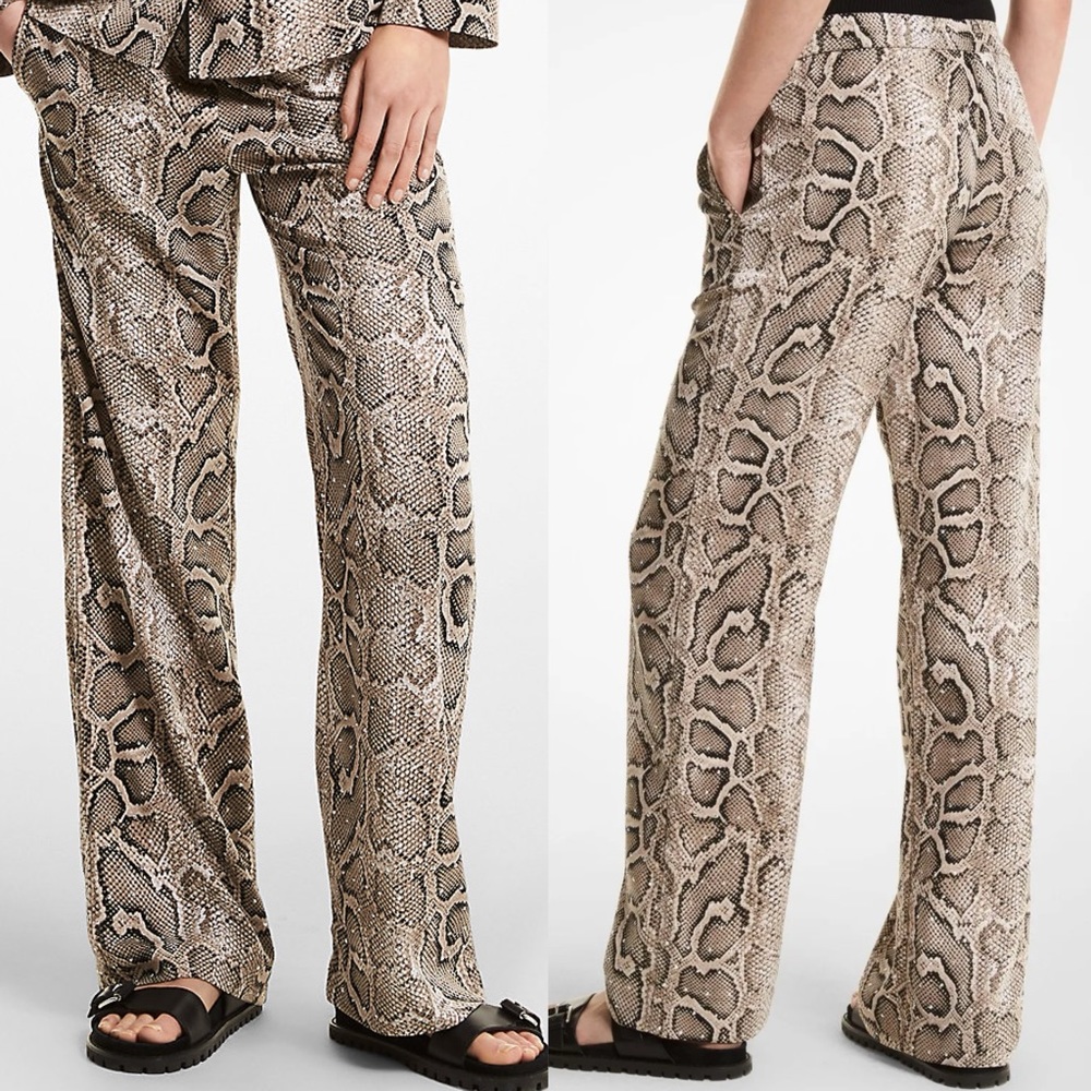 Michael Kors Wide Leg Pants Crushed Crepe Snakeskin Print Bottoms SZ Medium